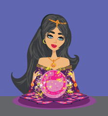 fortune teller woman reading future on magical crystal ball - 647237817