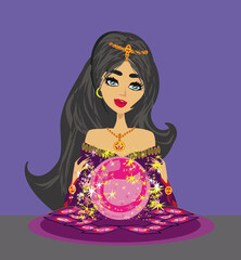 fortune teller woman reading future on magical crystal ball - 647237829