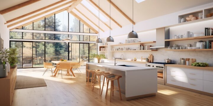 A large open kitchen with a large island and wooden floor
