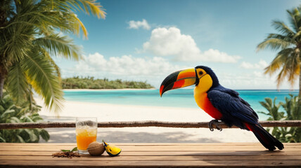 Wooden table platform on blurred beach background with toucan,fruits and juices, can be used to display or assemble your products. High quality photography, travel concept in a tropical area.