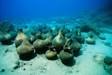 Bunch of amphorae on seabed
