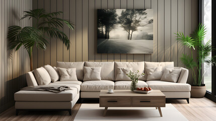 Beige velvet corner tufted sofa in room with wood paneling walls. Art deco style interior design of modern living room