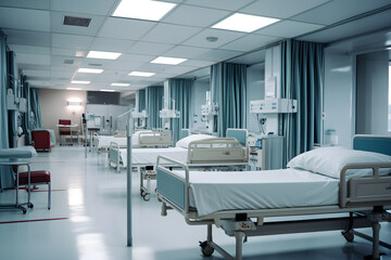 Empty beds in a hospital ward. Patient room background, insurance concept
