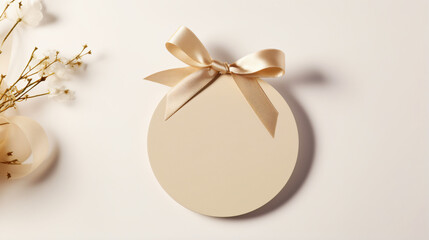 Round gift tag mockup with beige wedding favor 