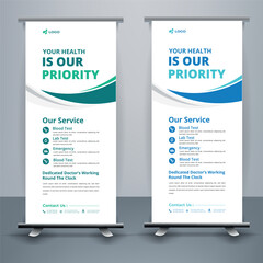 Modern healthcare and medical roll up design for hospital doctor clinic dental. standing banner template decoration for exhibition, printing, presentation, elegant layout.