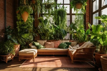 A sunny space with wicker seating and greenery. Generative AI