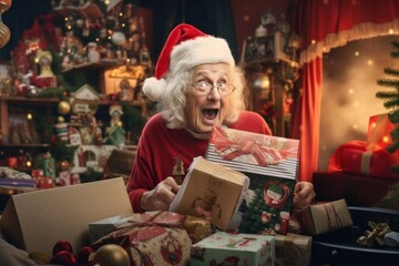 Humorous old lady excited over opening Christmas gifts.
