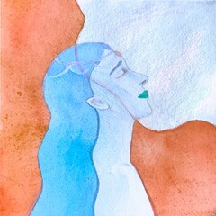 Disegno acquerello bella donna ragazza elfo con occhi chiusi sognante. Fede