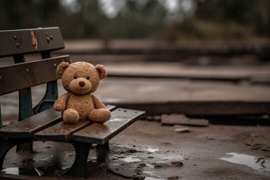 A forlorn teddy bear rests on a bench in a desolate playground on a gloomy day, embodying loneliness and the concept of lost toys. Symbolizes International Missing Children Day. Generative AI