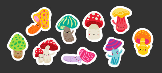 Cute mushrooms characters. Sticker Bookmark. Forest wild fungus in cartoon style. Vector drawing. Collection of design elements.