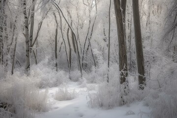 Tranquil snowy woods with swirling snowflakes. Generative AI