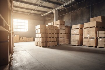 Storage facility for rent in industrial building; cardboard boxes on pallet rack. Generative AI