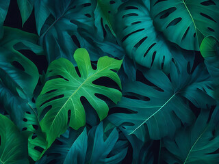 Fototapeta na wymiar Tropical leaf forest glow in the dark background AI Generated