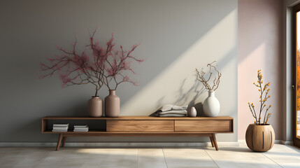 Boho minimalist home interior design of modern living room. Beige sofa with terra cotta cushions against window