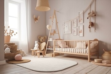 Cozy Scandinavian children's room with wooden bed, rattan basket, soft toys, and hanging ornaments. Wall art, carpeted floor. Copy space template. Generative AI
