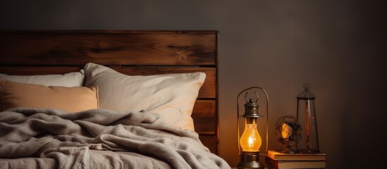Close up view of an antique lamp and bed with bedding
