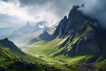 Obraz premium mountain landscape autumn view with sun rays. the beautiful landscape of mountains under the clouds