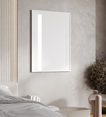 Frame vertical white mockup in minimalistic bedroom interior, close up, 3d render