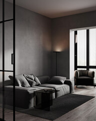 Modern living room interior design with gray sofa and dark wall, 3d render © Liliia