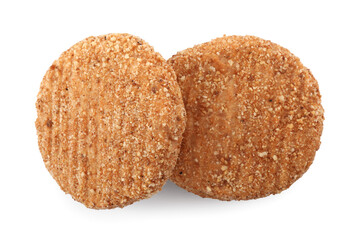 Vegan cutlets with breadcrumbs isolated on white, top view