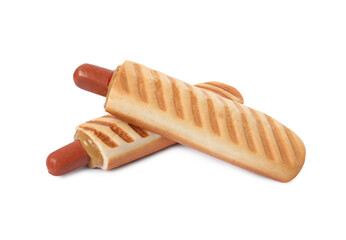 Tasty french hot dogs with mustard and ketchup isolated on white