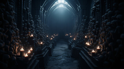 Scary endless medieval catacombs with torches. Mystical