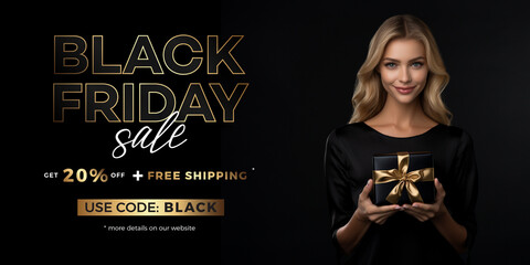 Black Friday banner with attractive model. Promotion, Advertisement, sale. 3d illustration. 20% OFF