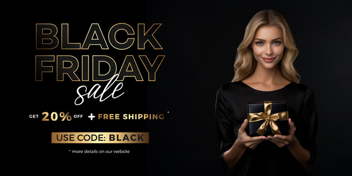 Black Friday banner with attractive model. Promotion, Advertisement, sale. 3d illustration. 20% OFF