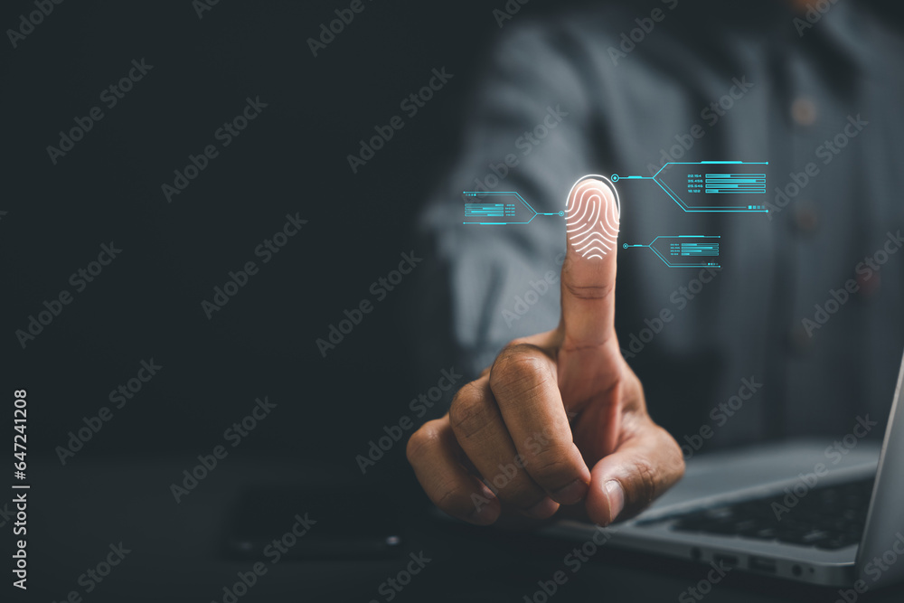 Poster cyber detective scanning biometric fingerprints for access control. futuristic technology concept wi