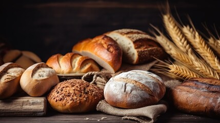 Different kinds of bread with nutrition whole grains on wooden background. Food and bakery in kitchen concept. Delicious breakfast gouemet and meal.