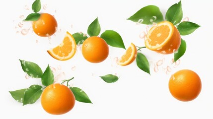 Juicy oranges with vibrant green leaves gently descending against a transparent backdrop. Floating out-of-focus orange slices in mid-air. Ideal for promoting fruit juice. Presented as vector