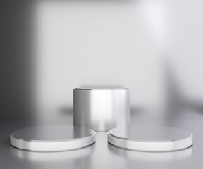 Stainless steel cylinder podium. Pedestal mockup. 3D rendering.