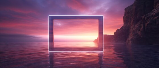 3d render neon square frame glowing over the water