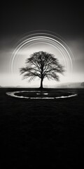 A black and white photo of a tree in a circle