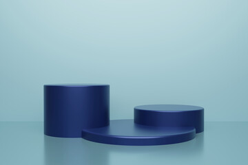 Blue cylinder podium. Pedestal mockup. 3D rendering.