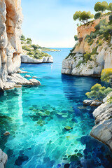 Couverture de livre à l'aquarelle de l'eau turquoise de la méditerranée » IA générative - obrazy, fototapety, plakaty