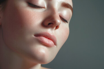Close up of beautiful face. Glow skin and natural lips without makeup. Part of face, cosmetology concept. Portrait of young woman with closed eyes. Cosmetics, beauty products. Gray neutral background.