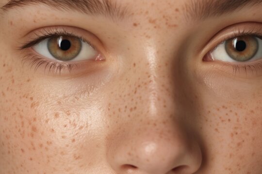 Young Girl, No Makeup, Eyes And Bushy Eyebrows, Close Up Face, Natural Healthy Freckled Skin, Macro. Natural Beauty. Pigmented Skin, Freckles, Body Positive, Self Care, Skin Care, Vision.