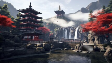 Fototapeta premium In Nachi, Japan, featuring the Seigantoji Pagoda and the magnificent Nachi no Taki waterfall.