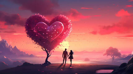 Scene of couple looking heart shaped clouds fantasy