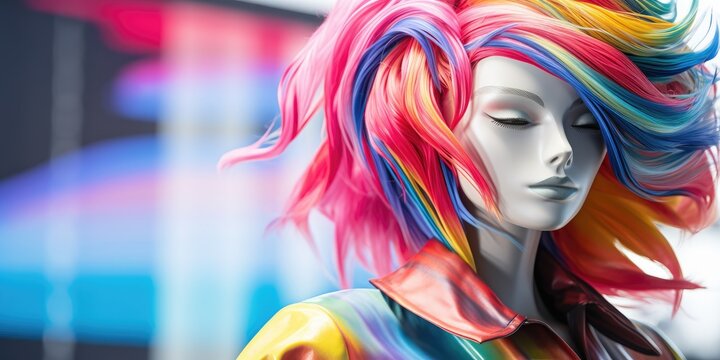 A close up of a mannequin with colorful hair
