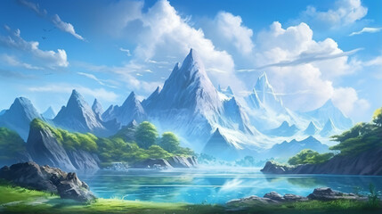 Fototapeta na wymiar Sea Island Mountain. Fantasy Backdrop. Concept Art.