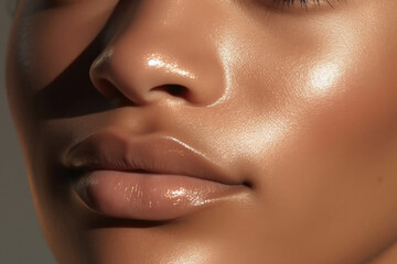 Close up of beautiful lips. Perfect black skin and plump lips with natural makeup. Part of face. Highlighter, shimmer, bronzer. Make up concept.  Beautiful African-American woman. - obrazy, fototapety, plakaty
