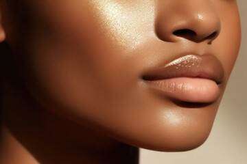 Close up of beautiful lips. Black skin and plump lips with natural makeup. Part of face. Highlighter, shimmer, bronzer. Make up concept.  Beautiful African American woman. - obrazy, fototapety, plakaty