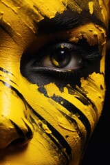 A close up woman in yellow and black background