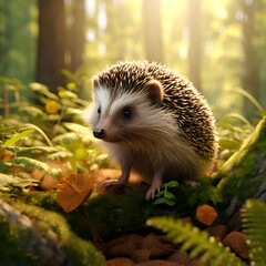 Fototapeta premium Cute adult hedgehog in summer or autumn forest. hedgehog in the wood
