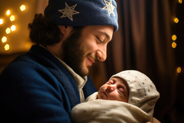Young father holding a newborn baby, family home Hanukkah celebration. Blurred lights in the background, embroidery with Star of David. Jewish family.