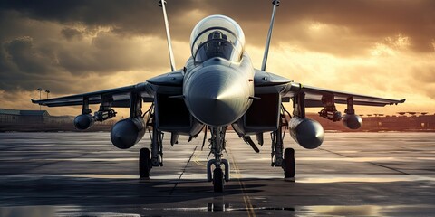 A fighter jet is parked on the ground - obrazy, fototapety, plakaty