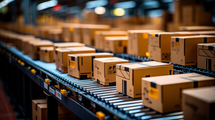 Packaging service and parcels transportation system concept, cardboard boxes on conveyor belt in a warehouse