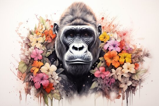 A drawing of a gorilla with flowers on white